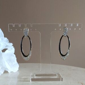 Vintage 1990s Black Gold and Rhinestones Double Elongated Oval Shaped Earrings